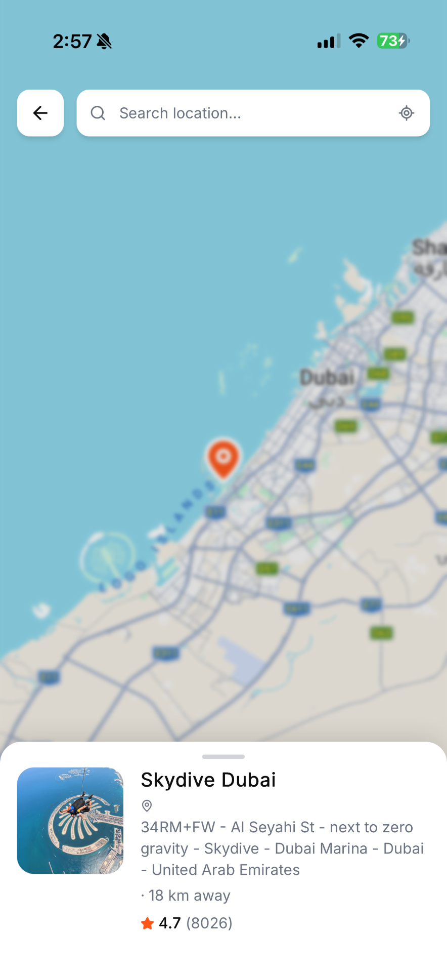 PeakX dropzone map showing Skydive Dubai location