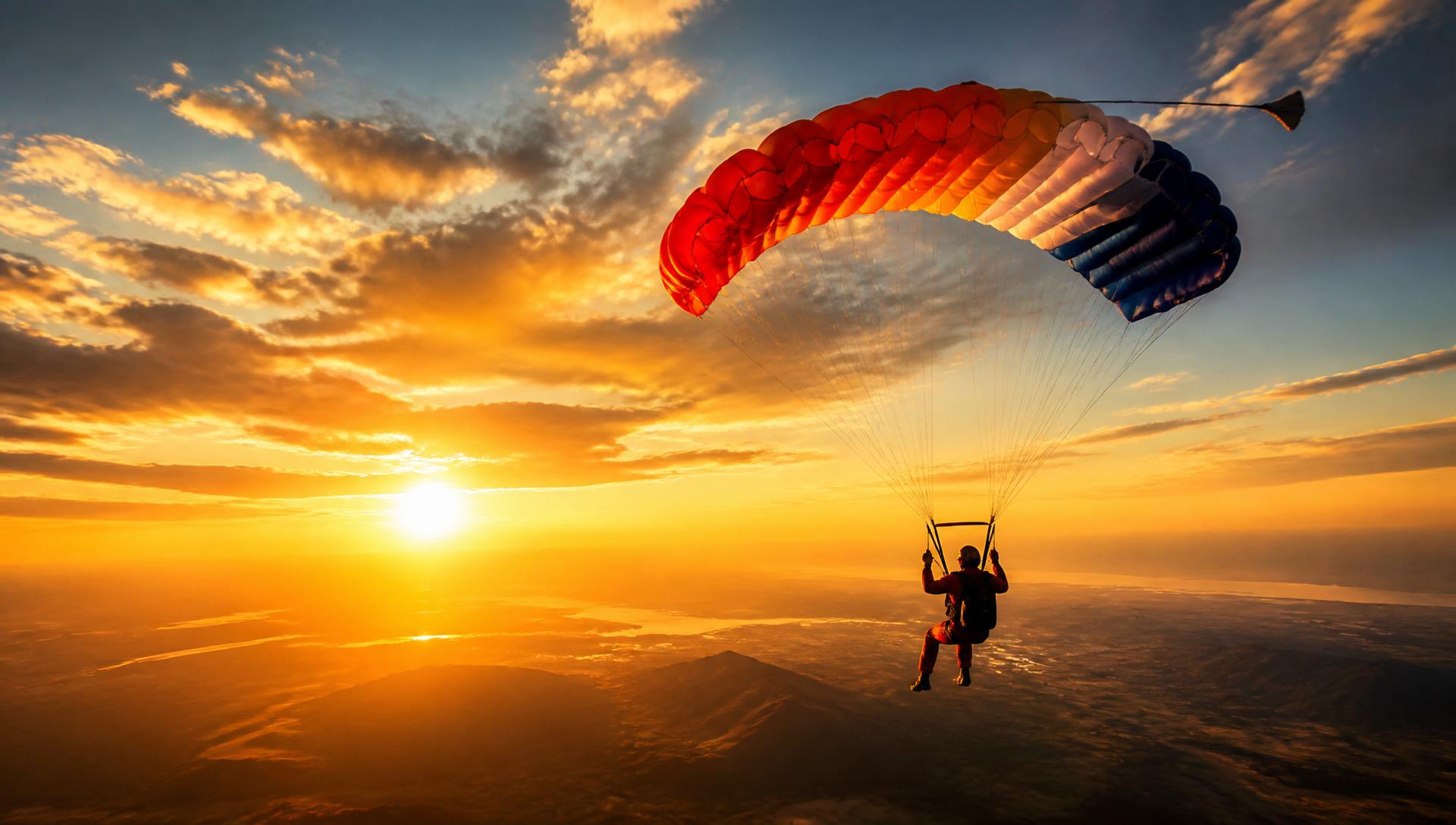 Skydiver under canopy at sunset